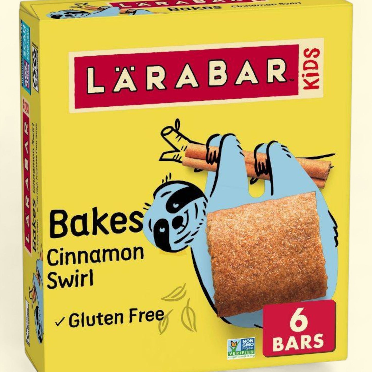 Lärabar Kids Cinnamon Swirl gluten-free snack bar packaging on a white background