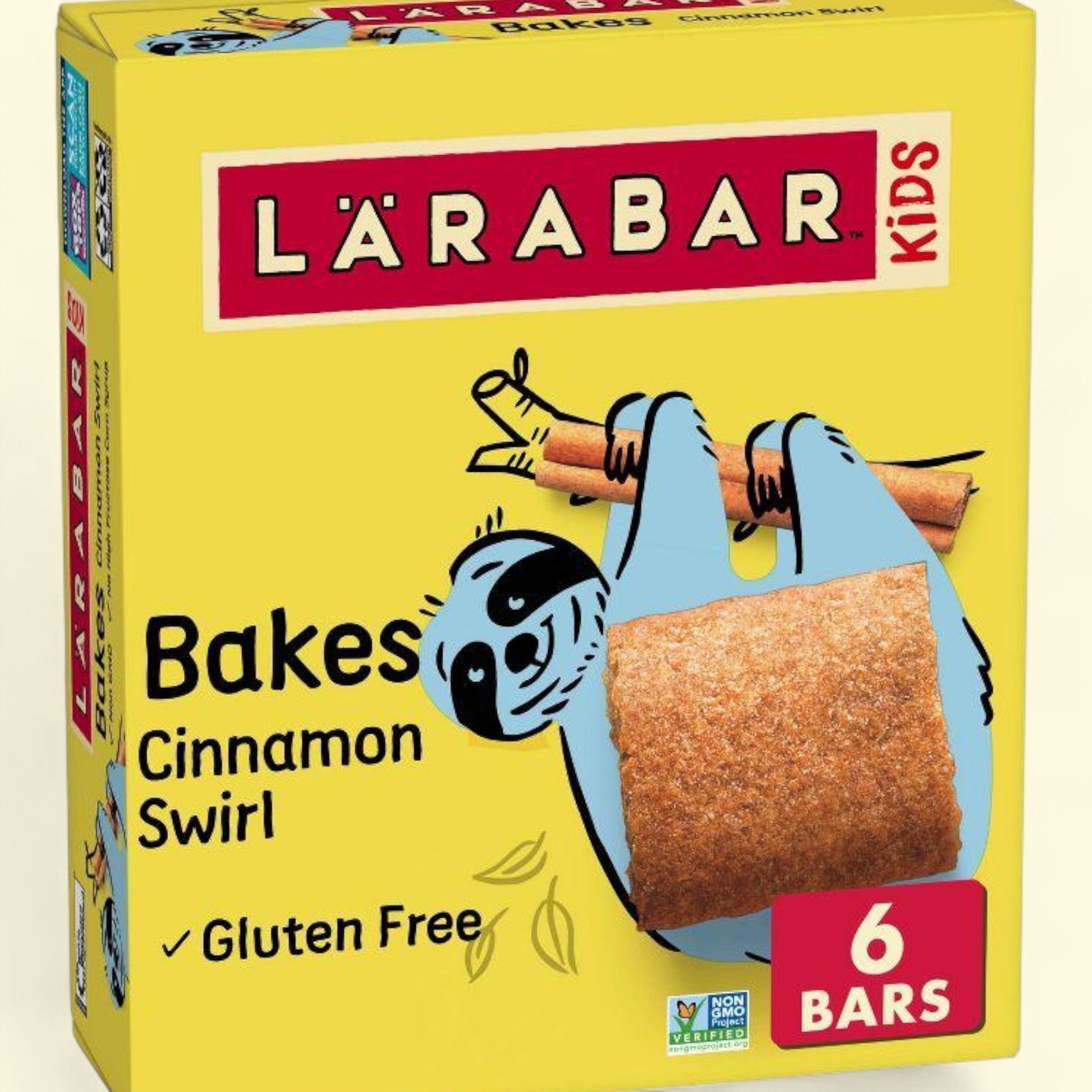Lärabar Kids Cinnamon Swirl gluten-free snack bar packaging on a white background