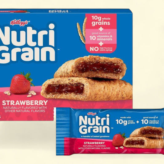 Kellogg's Nutri-Grain Strawberry flavor packaging on a beige background