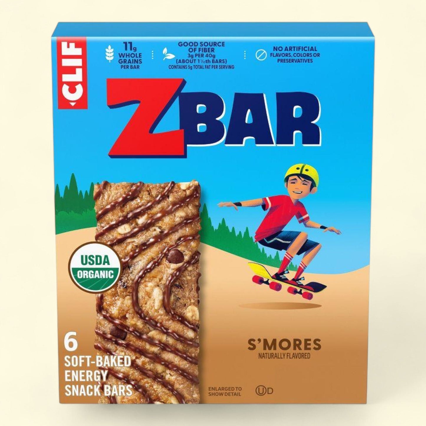 Clif ZBar S'mores energy snack bar packaging with a child on a skateboard