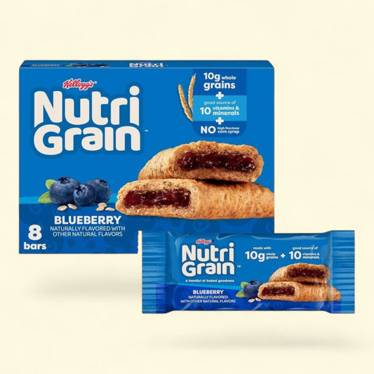Nutri Grain Blueberry cereal bars packaging on a beige background