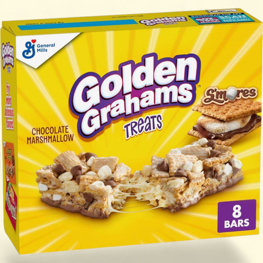 Box of Golden Grahams S'mores treats with a yellow background