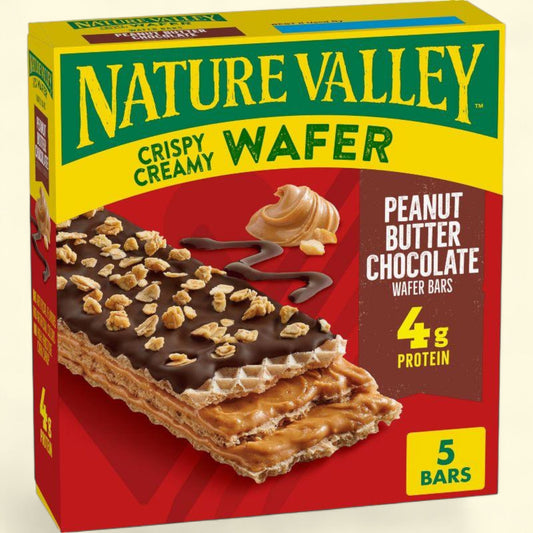 Nature Valley Crispy Creamy Wafer Peanut Butter Chocolate packaging with a red and yellow design.