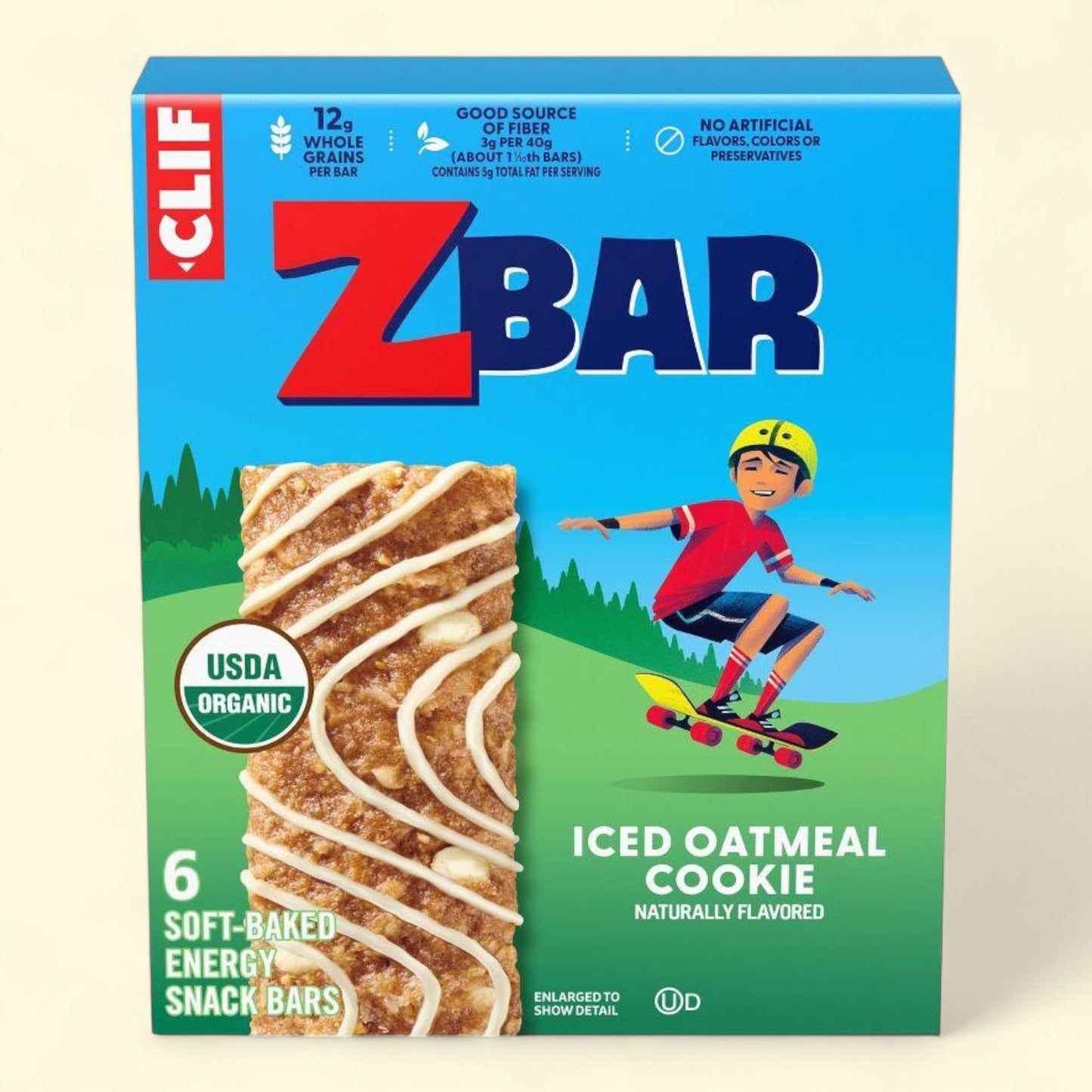 Clif ZBar box for iced oatmeal cookie flavor with a child on a skateboard illustration.