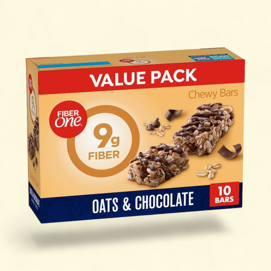 Box of Fiber One Oats & Chocolate Chewy Bars with a value pack label on a beige background
