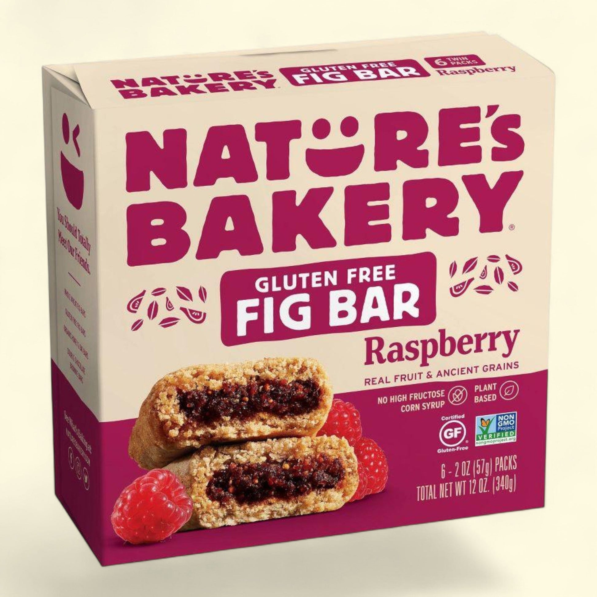 Box of Nature's Bakery Gluten Free Fig Bar Raspberry on a light beige background
