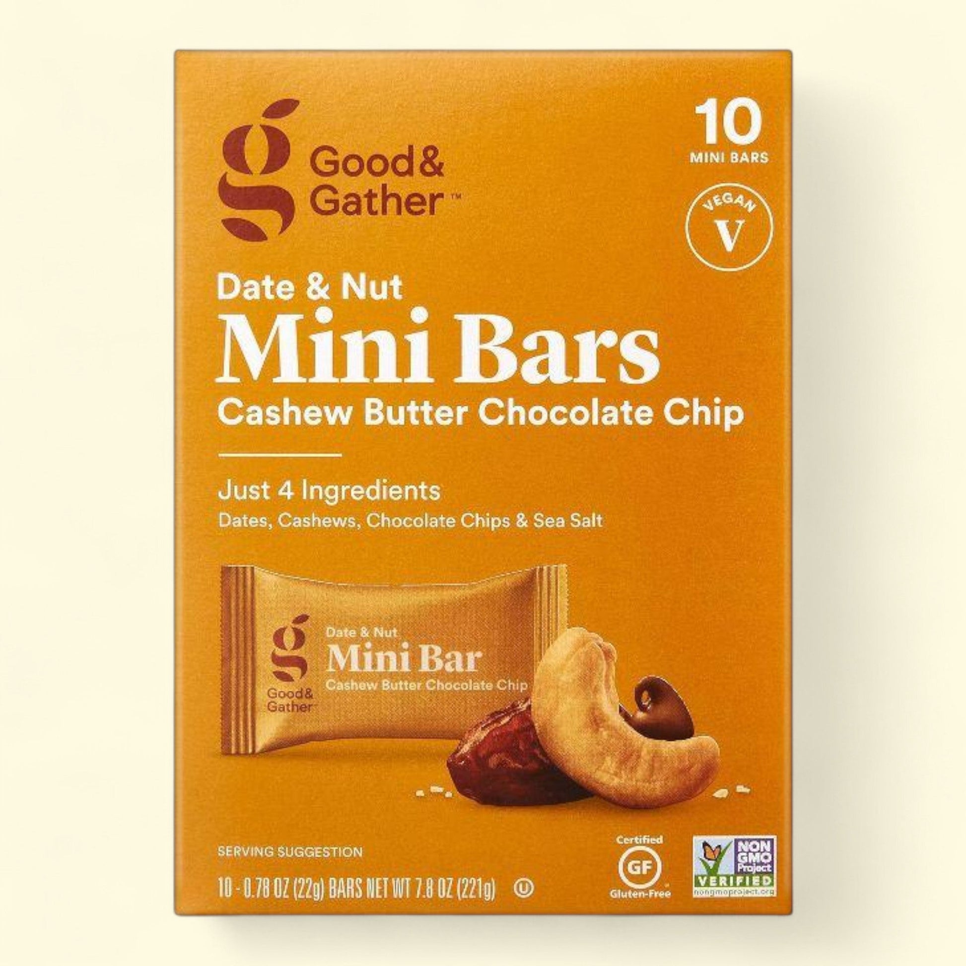 Box of Good & Gather Date & Nut Mini Bars with cashew and chocolate chip on an orange background