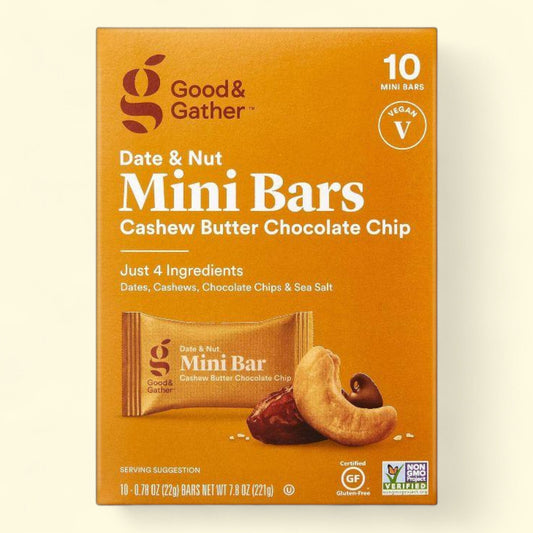 Box of Good & Gather Date & Nut Mini Bars with cashew and chocolate chip on an orange background