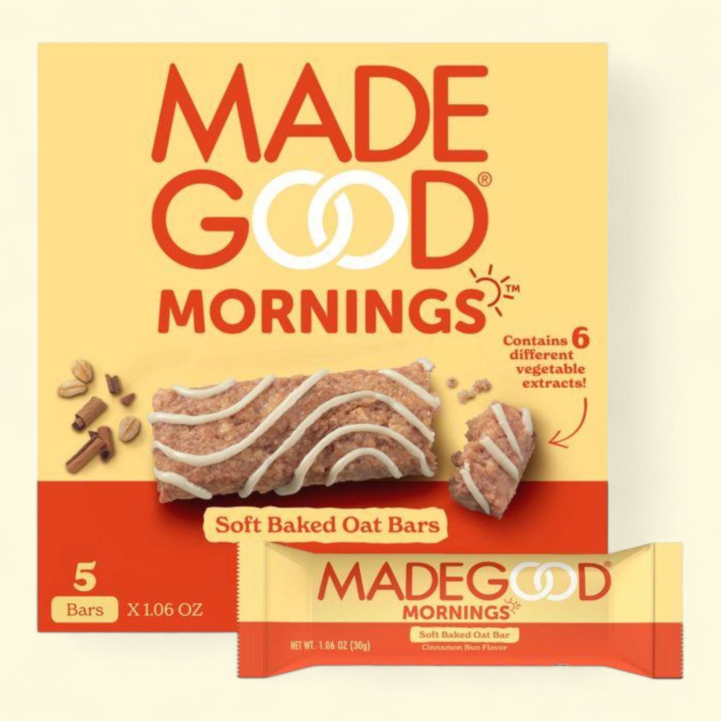 MadeGood Mornings Cinnamon Bun Soft Baked Oat Bars, 5.3oz/5ct