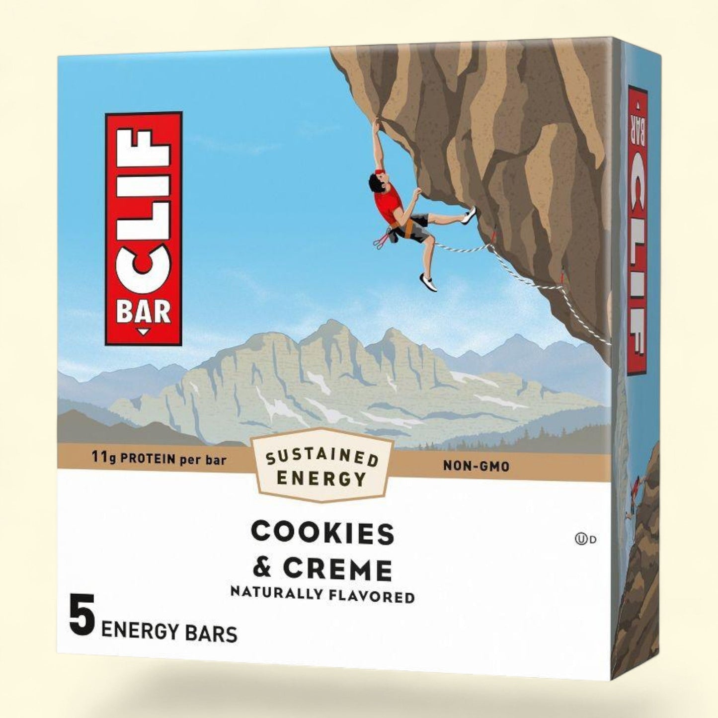 Clif Bar cookies & creme energy bar packaging with a climber on a mountain.