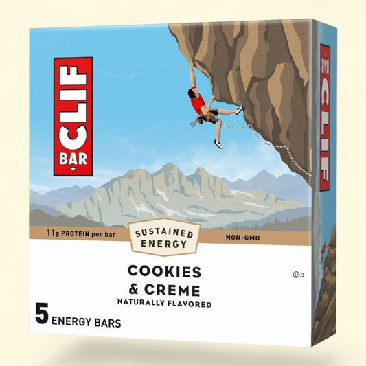 Clif Bar cookies & creme energy bar packaging with a climber on a mountain.