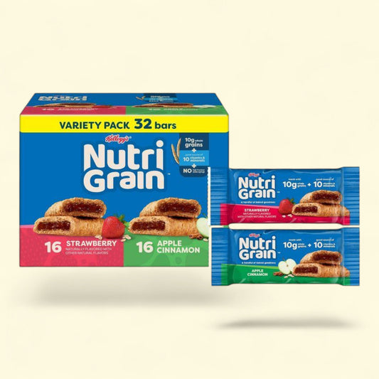 Nutri Grain variety pack boxes on a beige background