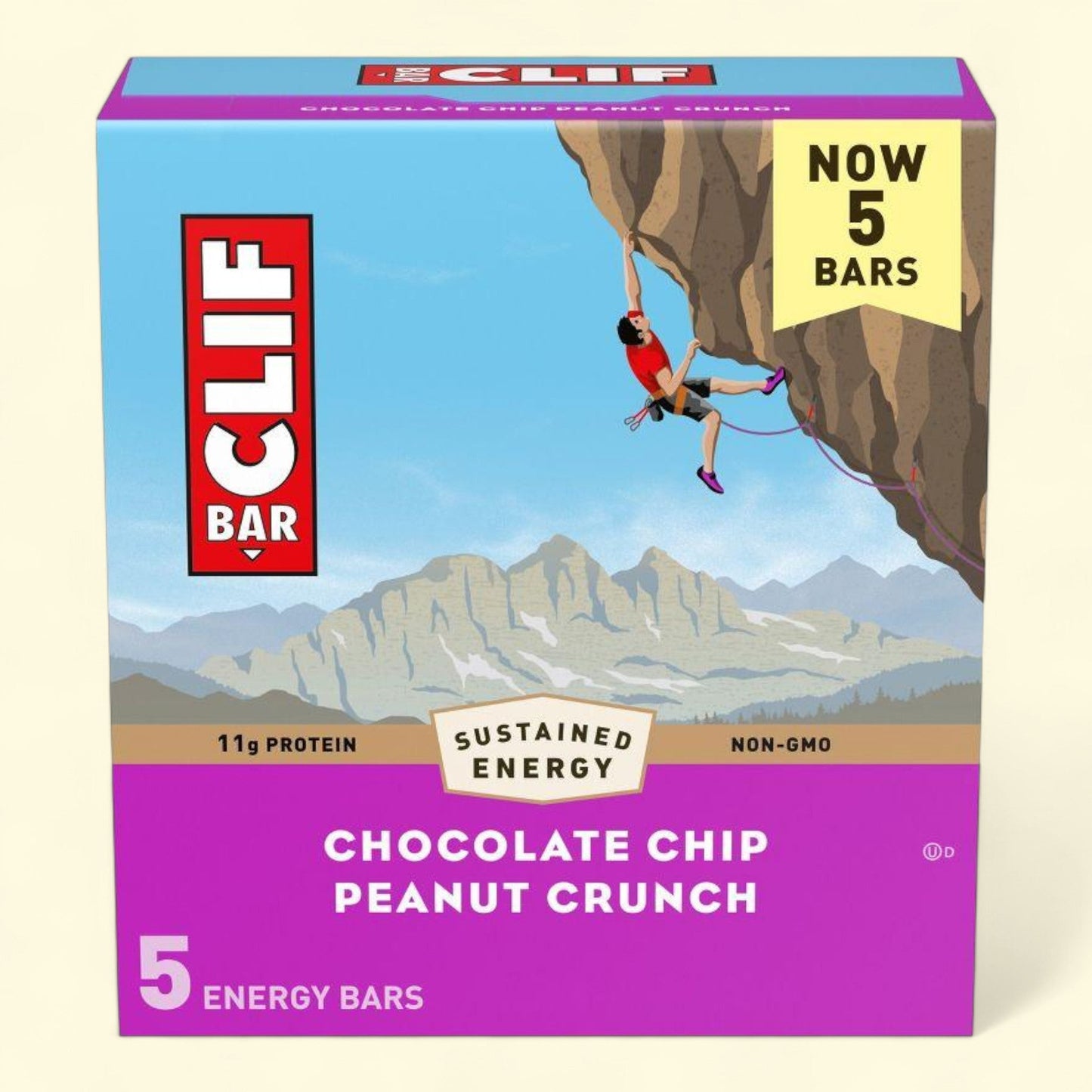 Clif Bar chocolate chip peanut crunch energy bar packaging with a climber illustration on a mountain background