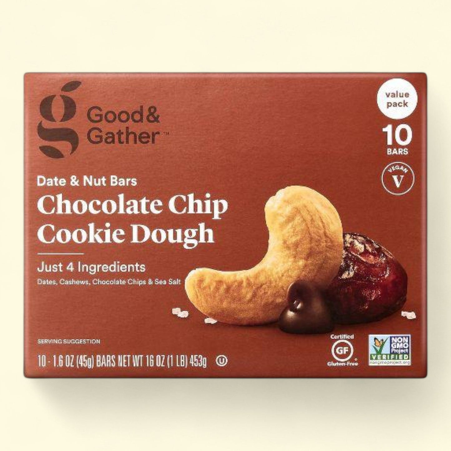 Good & Gather chocolate chip cookie dough bars packaging on a beige background