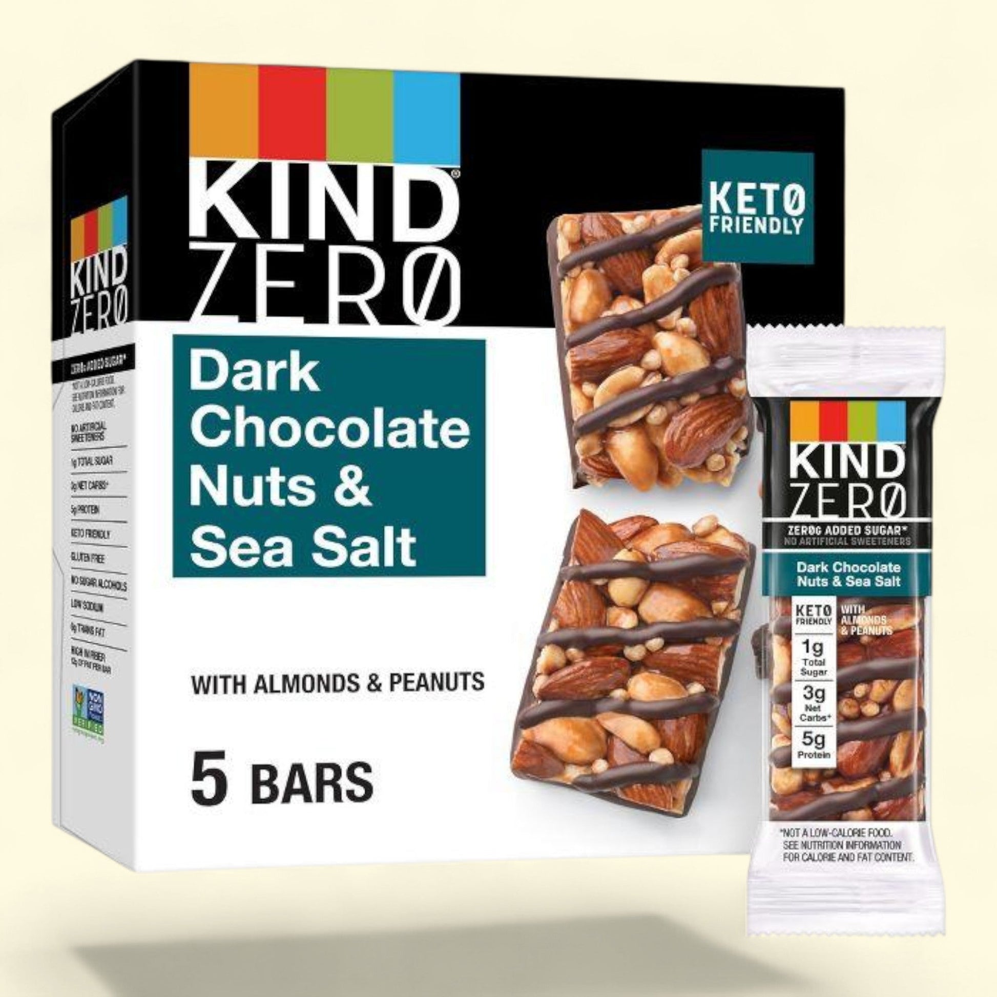 Kind Zero Dark Chocolate Nuts & Sea Salt snack bar packaging on a beige background