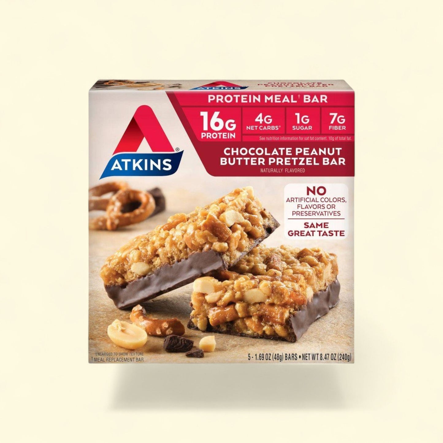 Atkins Protein Meal Bar, Chocolate Peanut Butter Pretzel, 5ct/8.47oz — authentic US product shipped worldwide by Treatspree