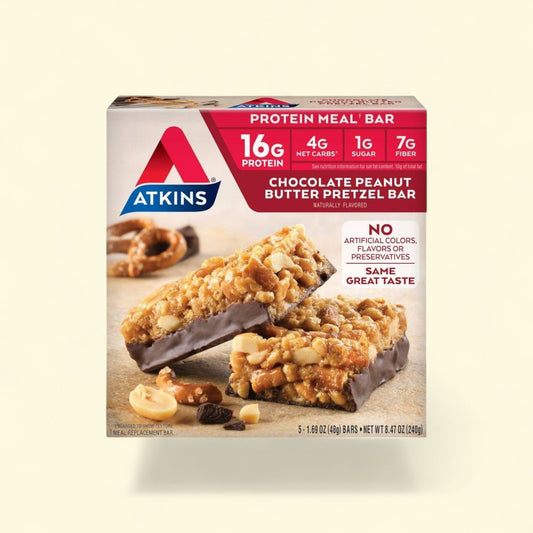 Atkins Protein Meal Bar, Chocolate Peanut Butter Pretzel, 5ct/8.47oz — authentic US product shipped worldwide by Treatspree