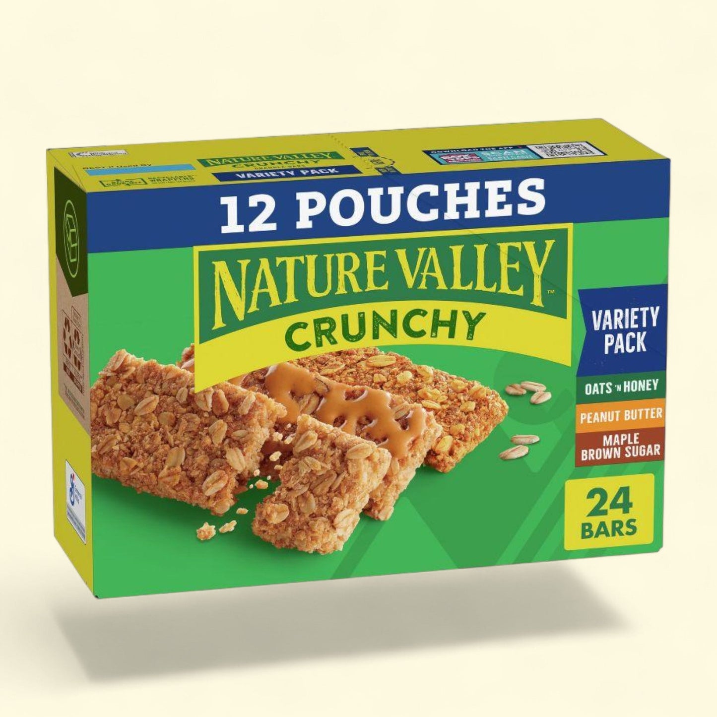 Box of Nature Valley Crunchy granola bars with a green and blue design.