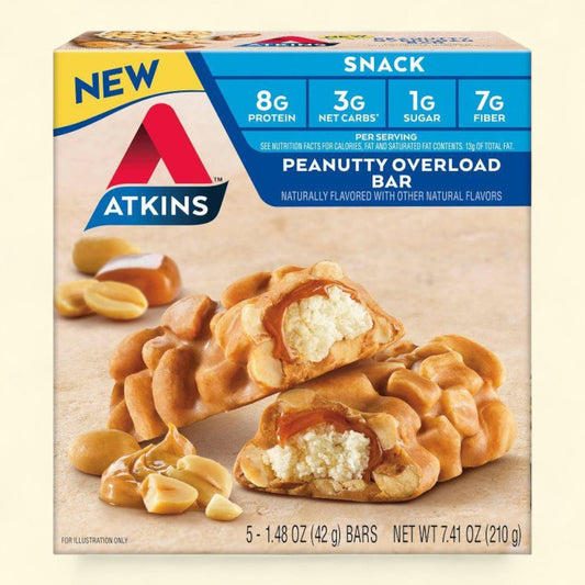 Atkins Peanutty Overload Bar packaging with a close-up of the bar