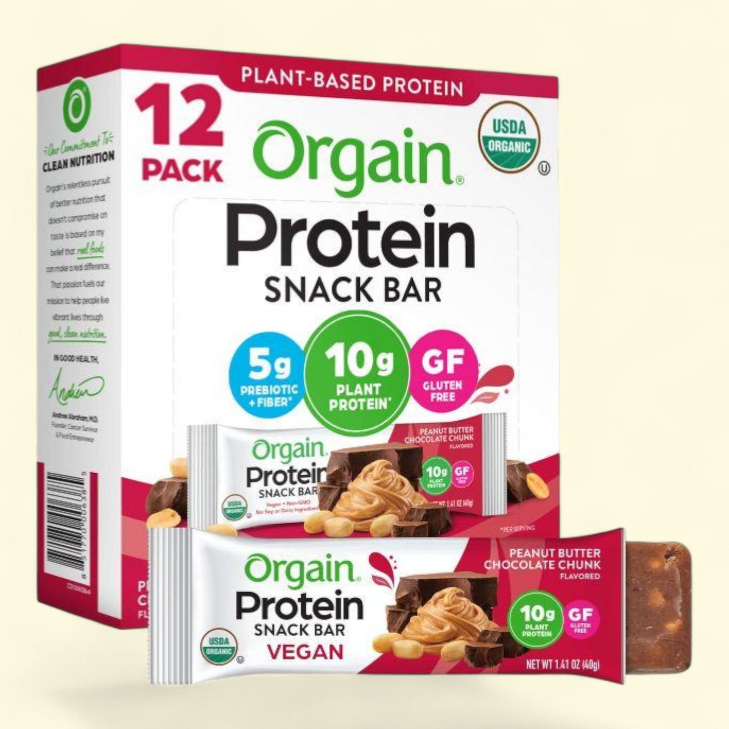 Orgain Organic Vegan Protein Bar, Peanut Butter Chocolate Chip, 12ct