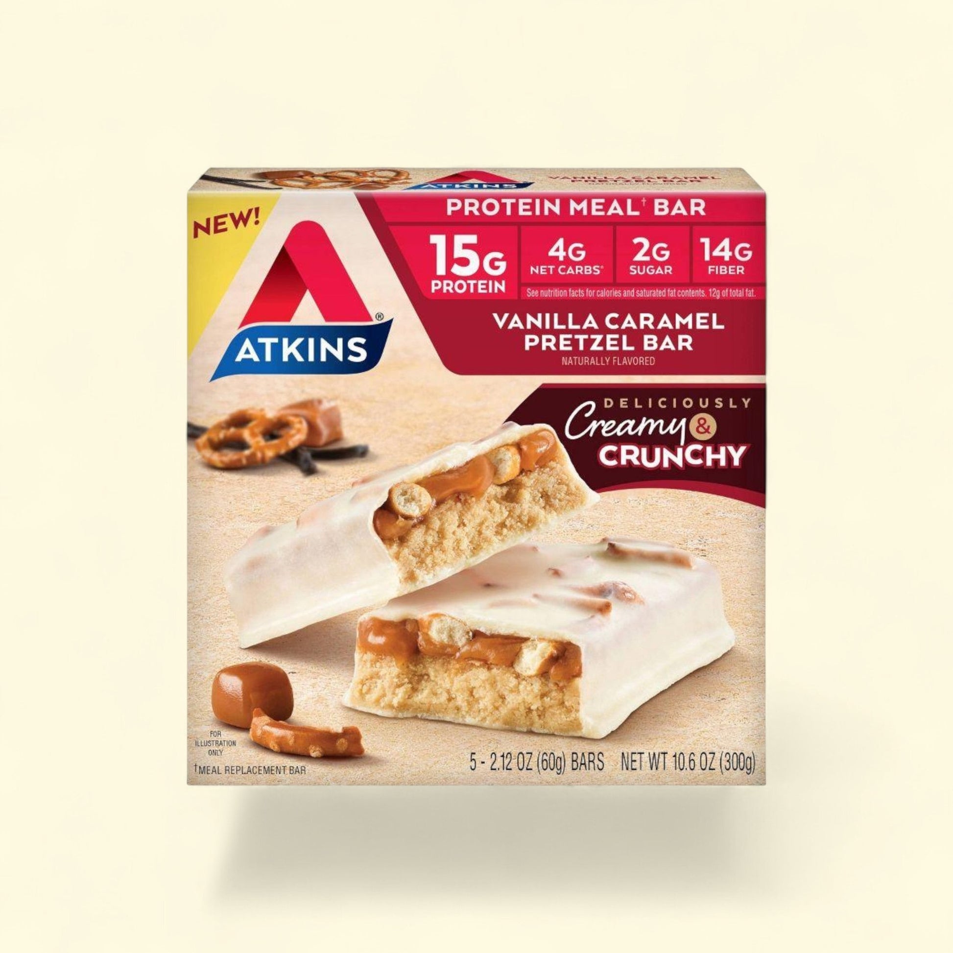 Atkins Pretzel Meal Bars, Vanilla Caramel, 5pk — authentic US product shipped worldwide by Treatspree