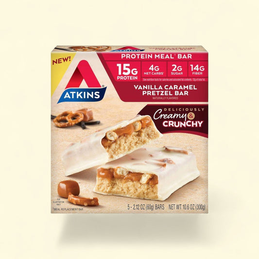 Atkins Pretzel Meal Bars, Vanilla Caramel, 5pk — authentic US product shipped worldwide by Treatspree