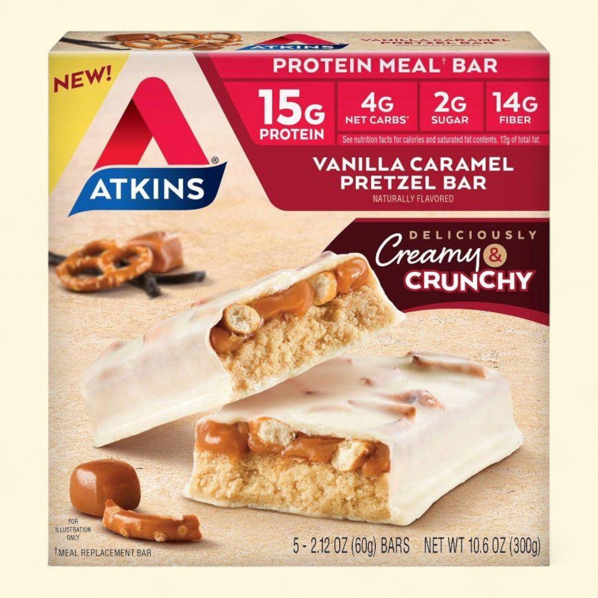 Box of Atkins Vanilla Caramel Pretzel Protein Meal Bar with a bite taken out of it.