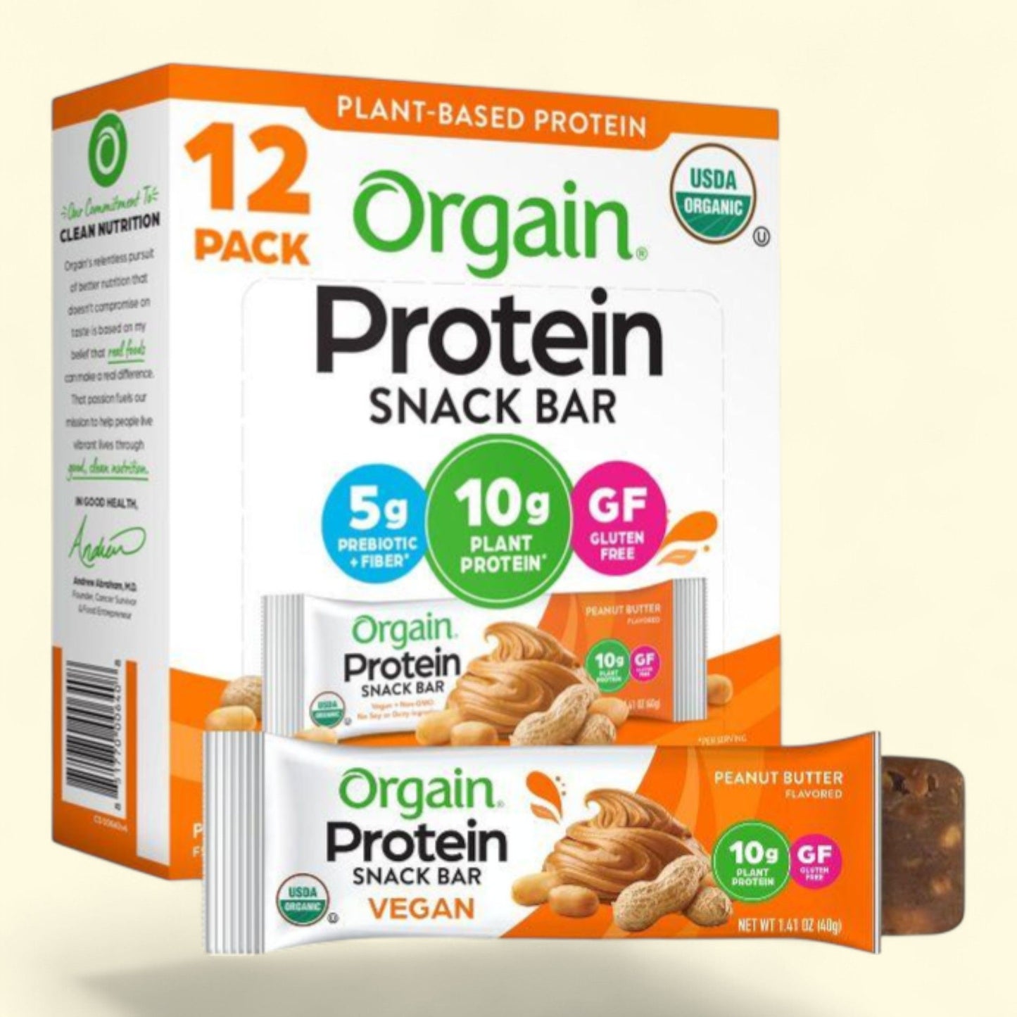 Orgain Organic Vegan Protein Bar, Peanut Butter, 12ct