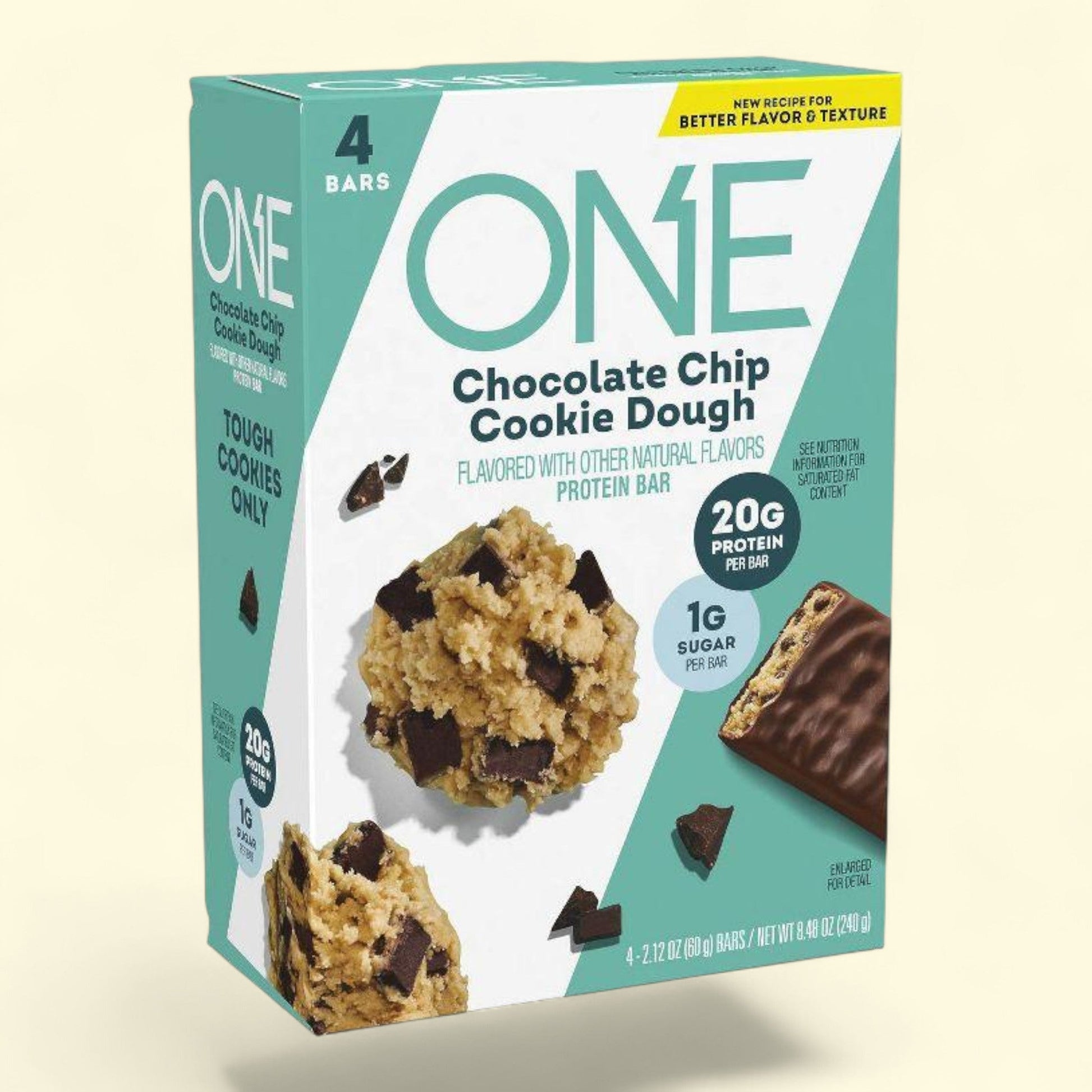 Box of ONE Chocolate Chip Cookie Dough protein bars on a beige background