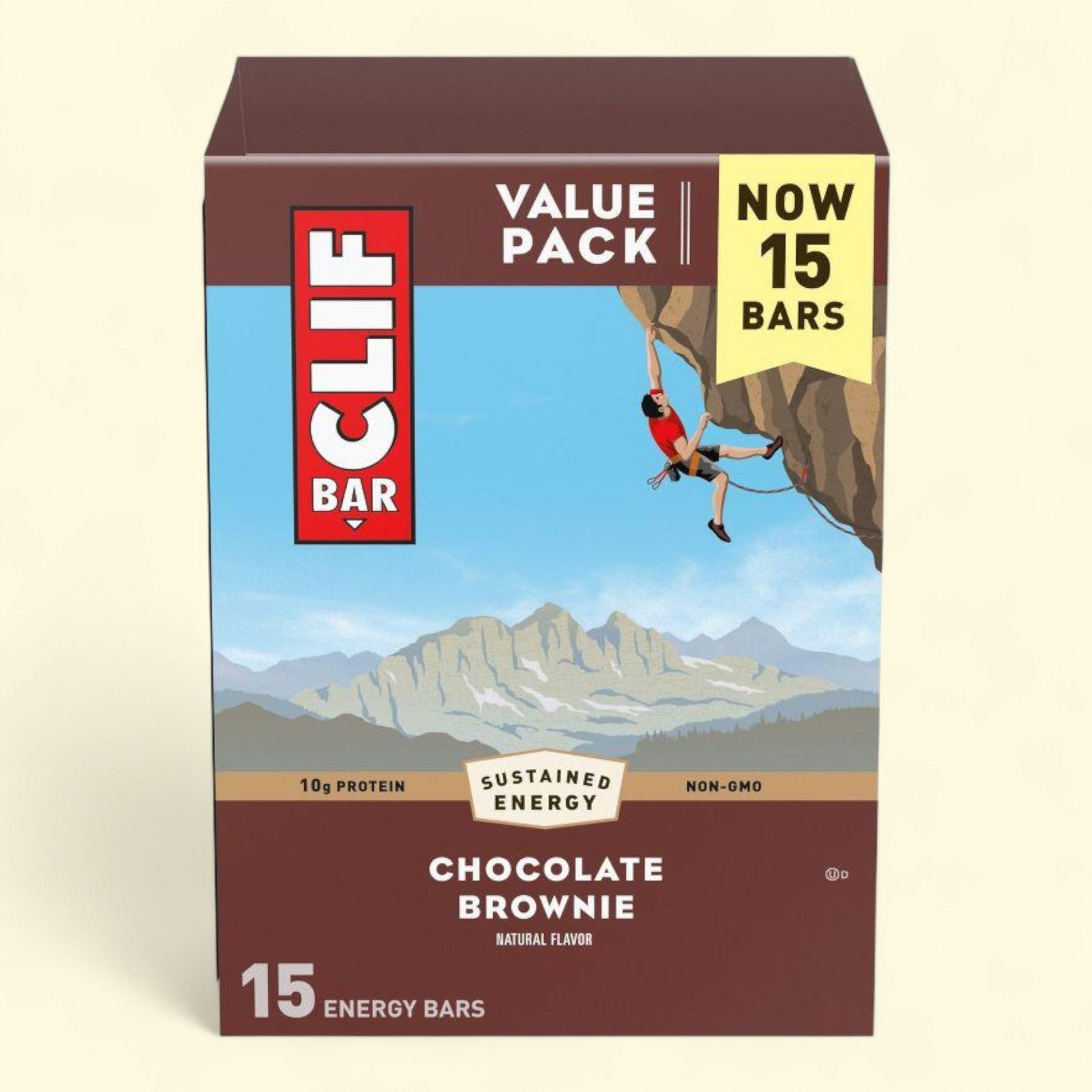 Box of Clif Bar chocolate brownie energy bars with a mountain and climber illustration on a beige background