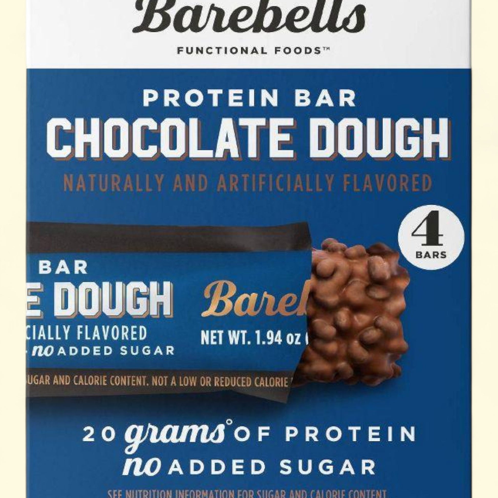 Barebells Chocolate Dough protein bar packaging on a beige background