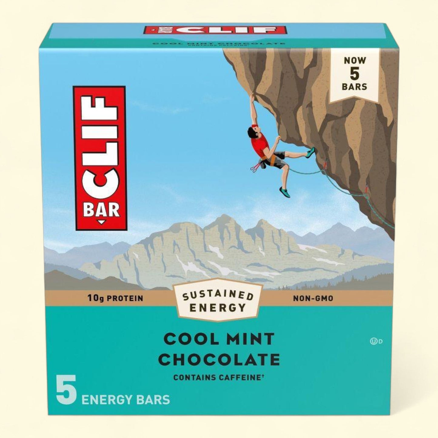 Clif Bar energy bar box with a climber illustration on a mountain background