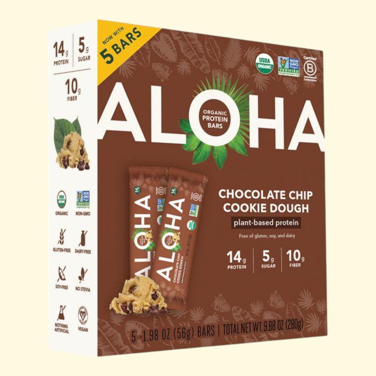 ALOHA Chocolate Chip Cookie Dough Protein Bars, 9.88oz/5ct
