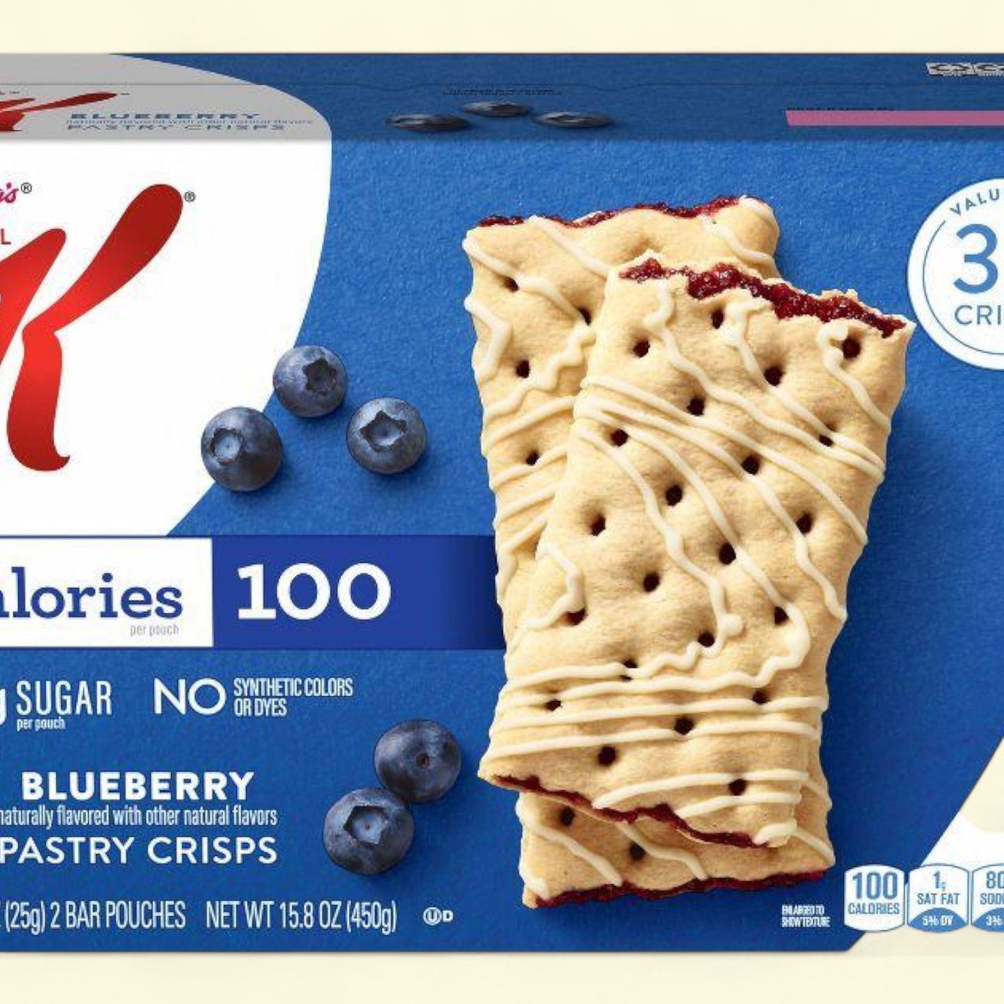 K-Lite Blueberry Pastry Crisps packaging with blueberries on a blue background
