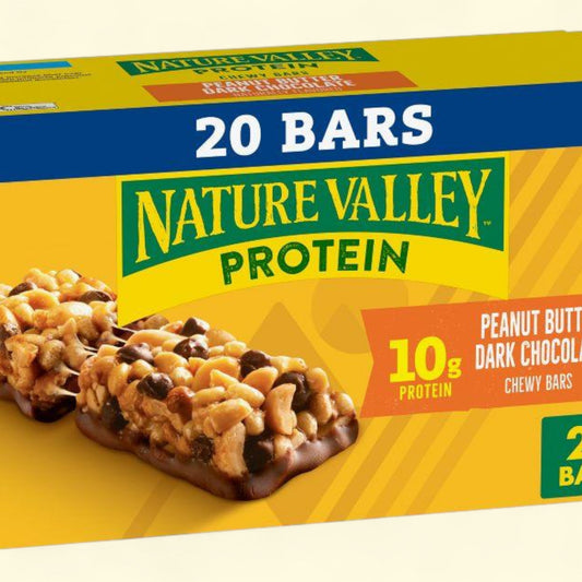 Box of Nature Valley Protein Peanut Butter Dark Chocolate Chewy Bars on a yellow background