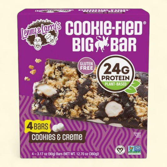 Lenny & Larry's Cookie-Fied Big Bar packaging with purple background and product image.
