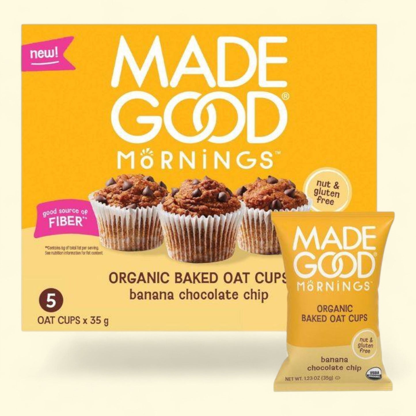 MadeGood Snack Bars, Banana Chocolate Chip Oat Cups, 1.23oz/5ct