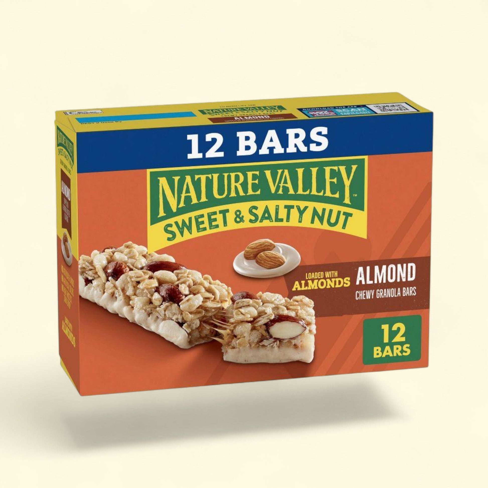 Box of Nature Valley Sweet & Salty Nut Almond granola bars on a beige background