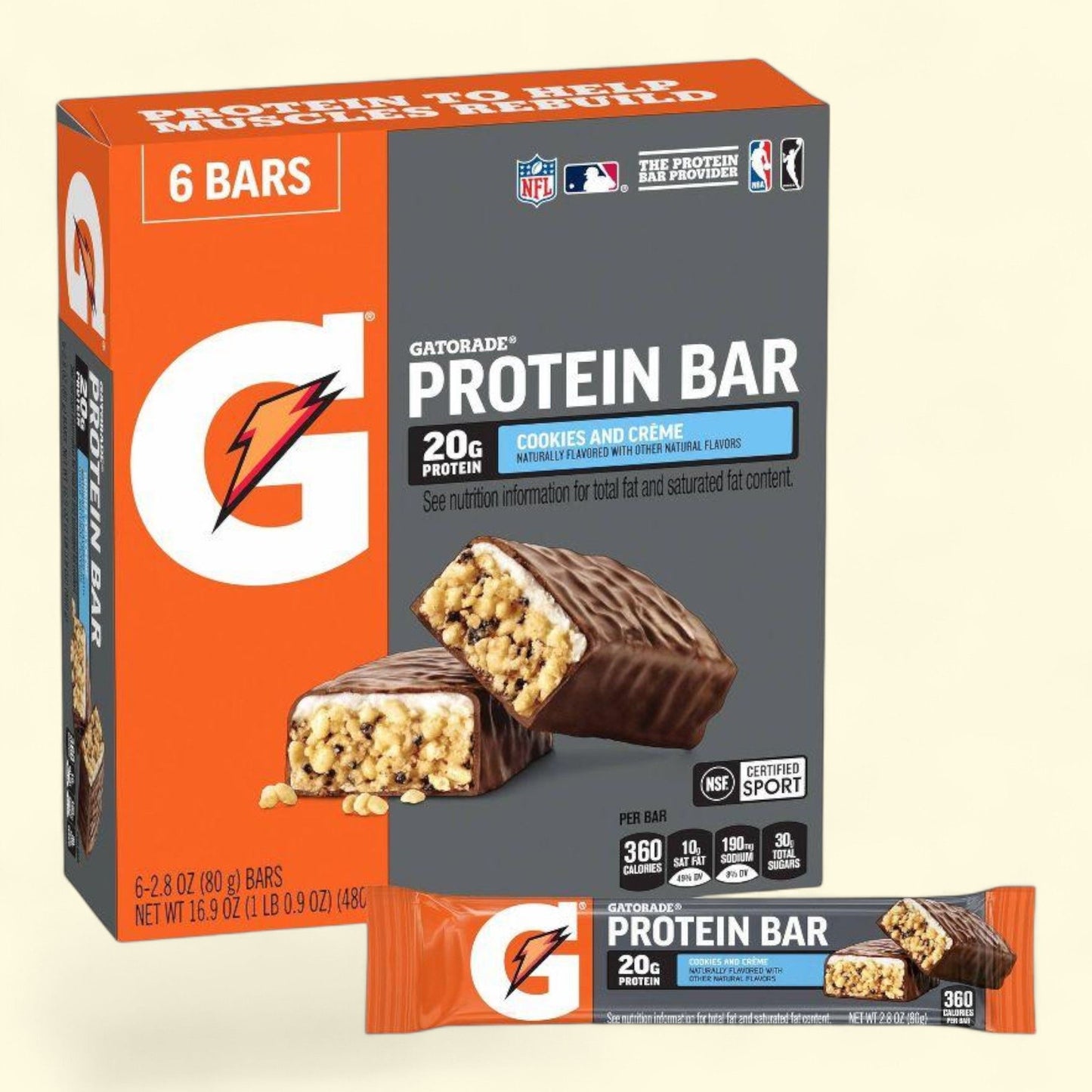 Gatorade Organic Protein Bar, Cookies and Cream, 16.9oz/6ct