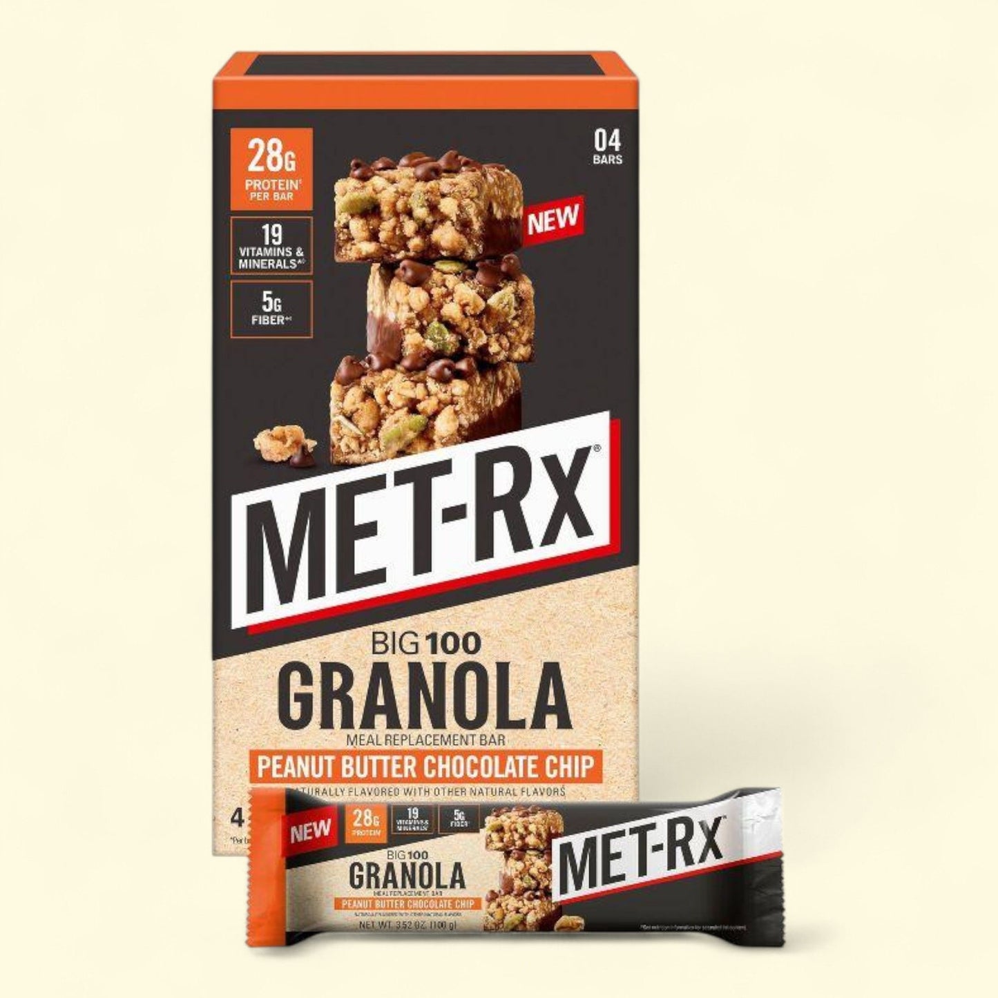 Met-Rx Big 100 Granola Peanut Butter Chocolate Chip Protein Meal Replacement Bar, 4ct