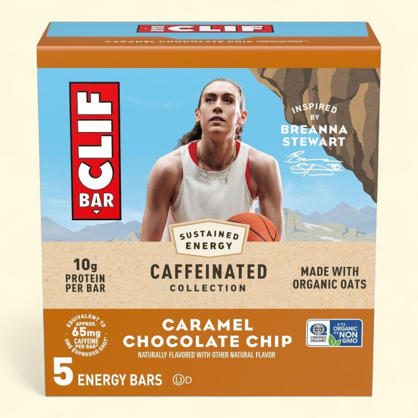 CLIF Bar packaging featuring a female athlete inspired by Breanna Stewart on a beige background