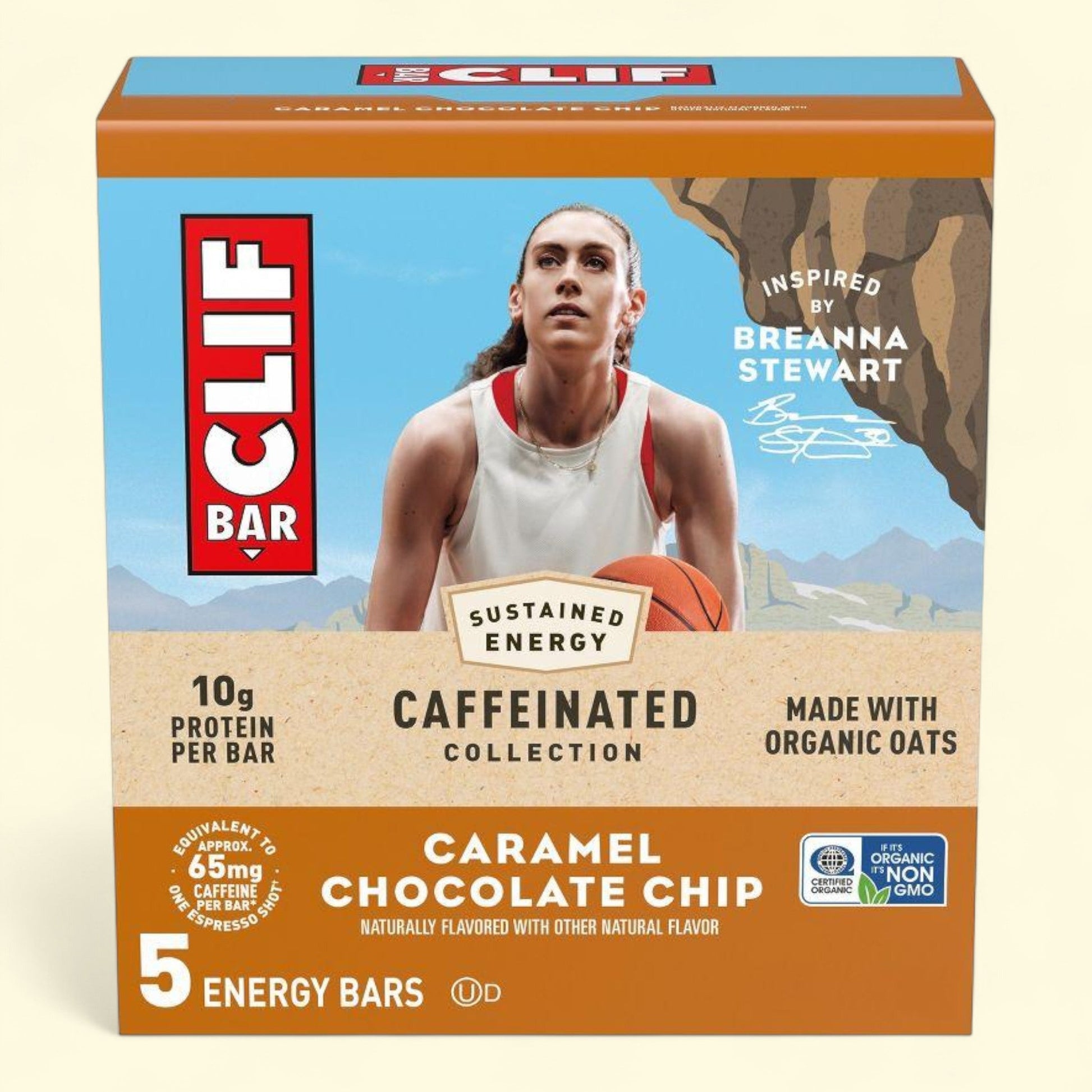 CLIF Bar packaging featuring a female athlete inspired by Breanna Stewart on a beige background