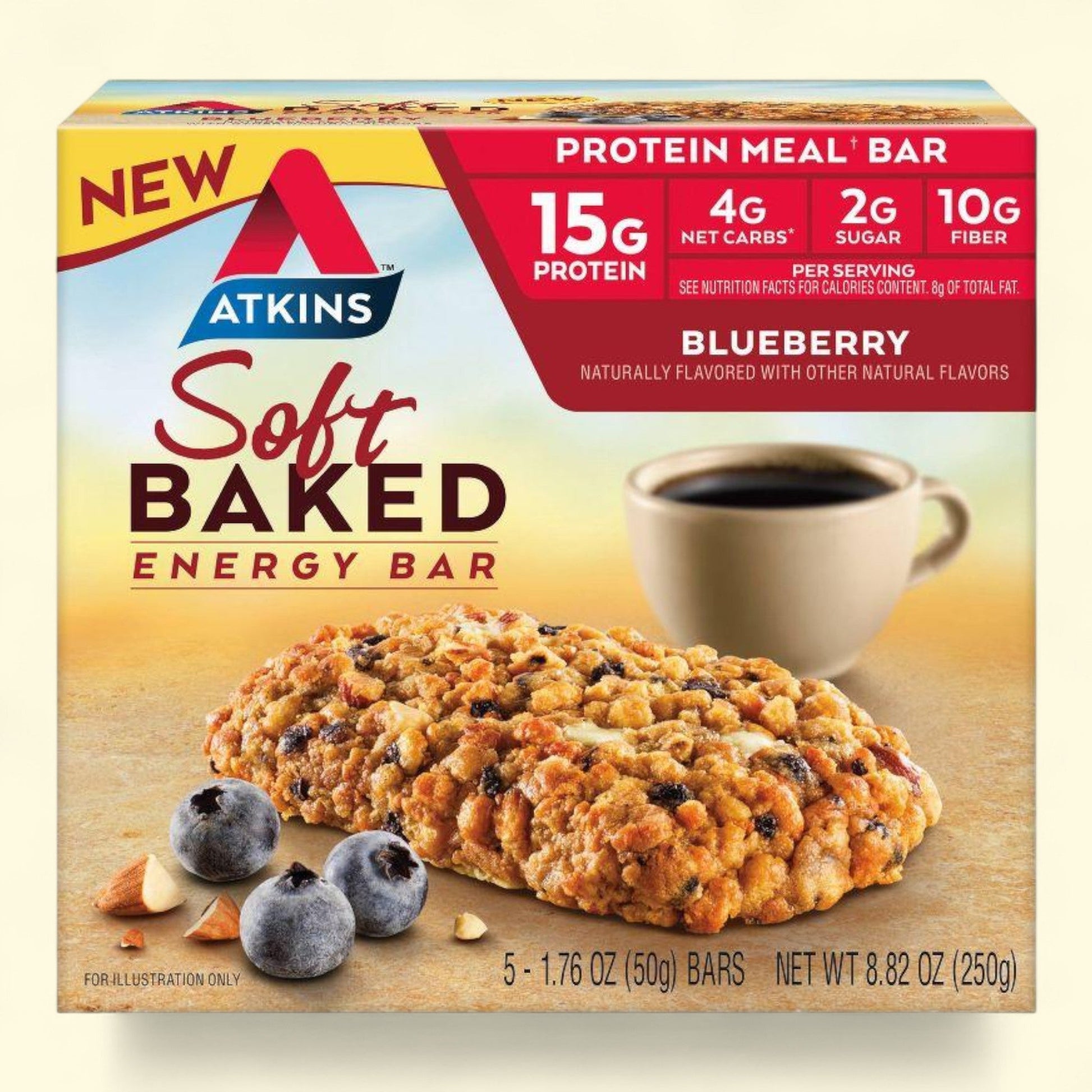 Box of Atkins Soft Baked Energy Bars with a cup of coffee and blueberries on a white background