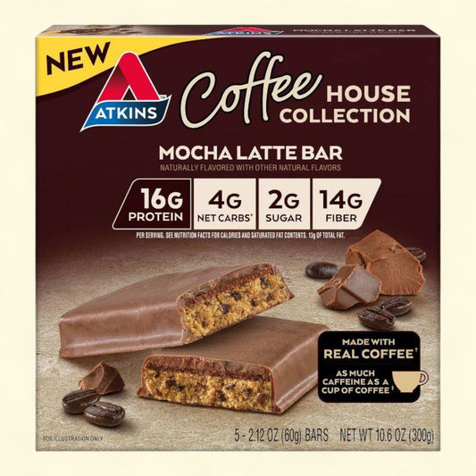  Atkins Coffee House Collection Mocha Latte Bar packaging on a beige background