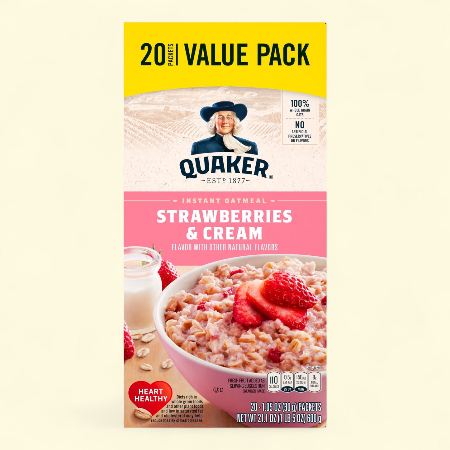 Flocons d'avoine instantanés Quaker, fraise et crème, 31 g, paquet de 20 sachets