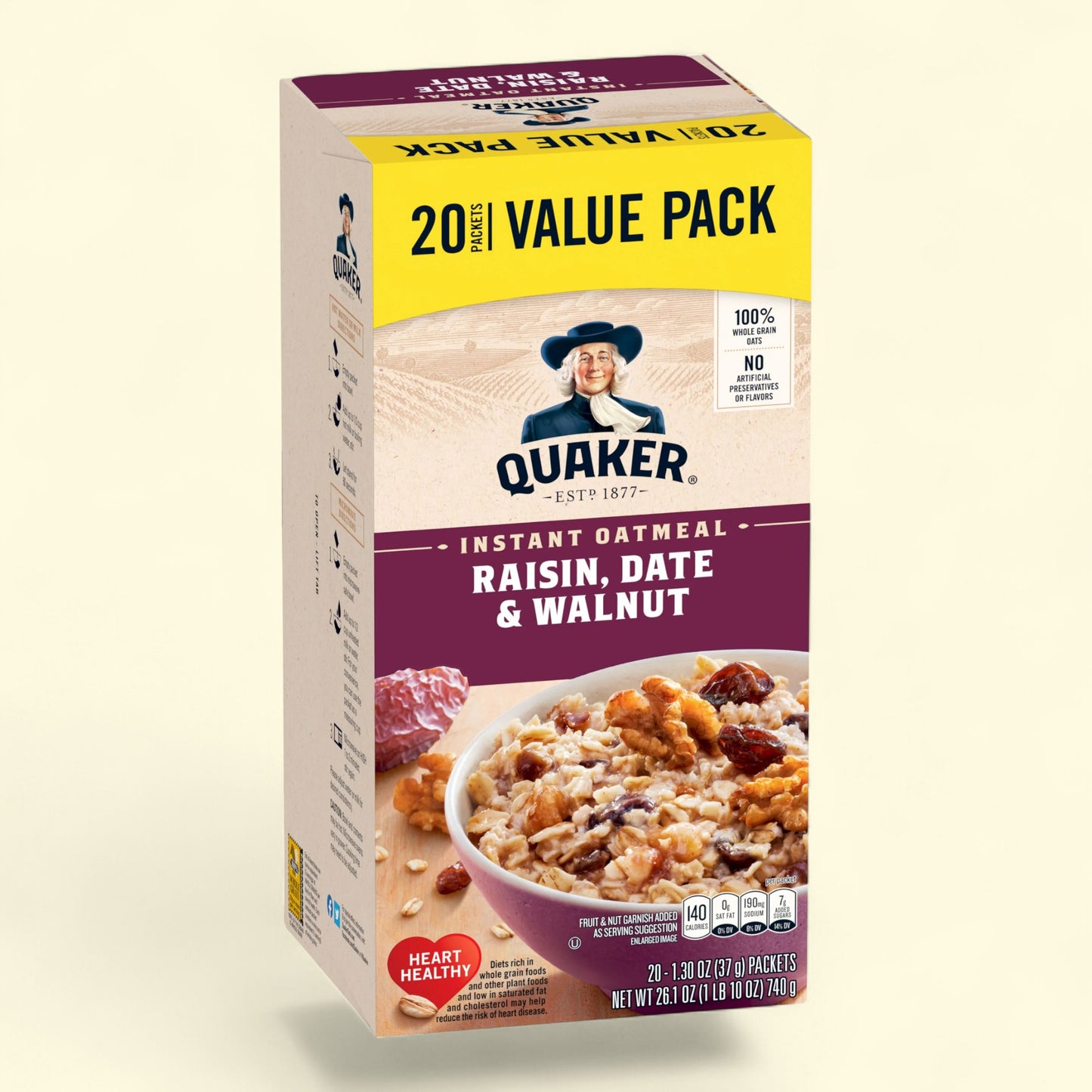 Quaker, flocons d'avoine instantanés aux raisins secs, dattes et noix, 37 g, paquet de 20 sachets