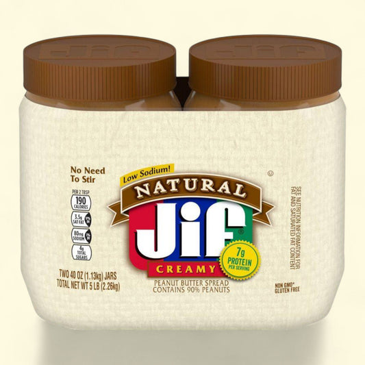 Jif Natural Creamy Peanut Butter Spread, 80oz Twin Pack