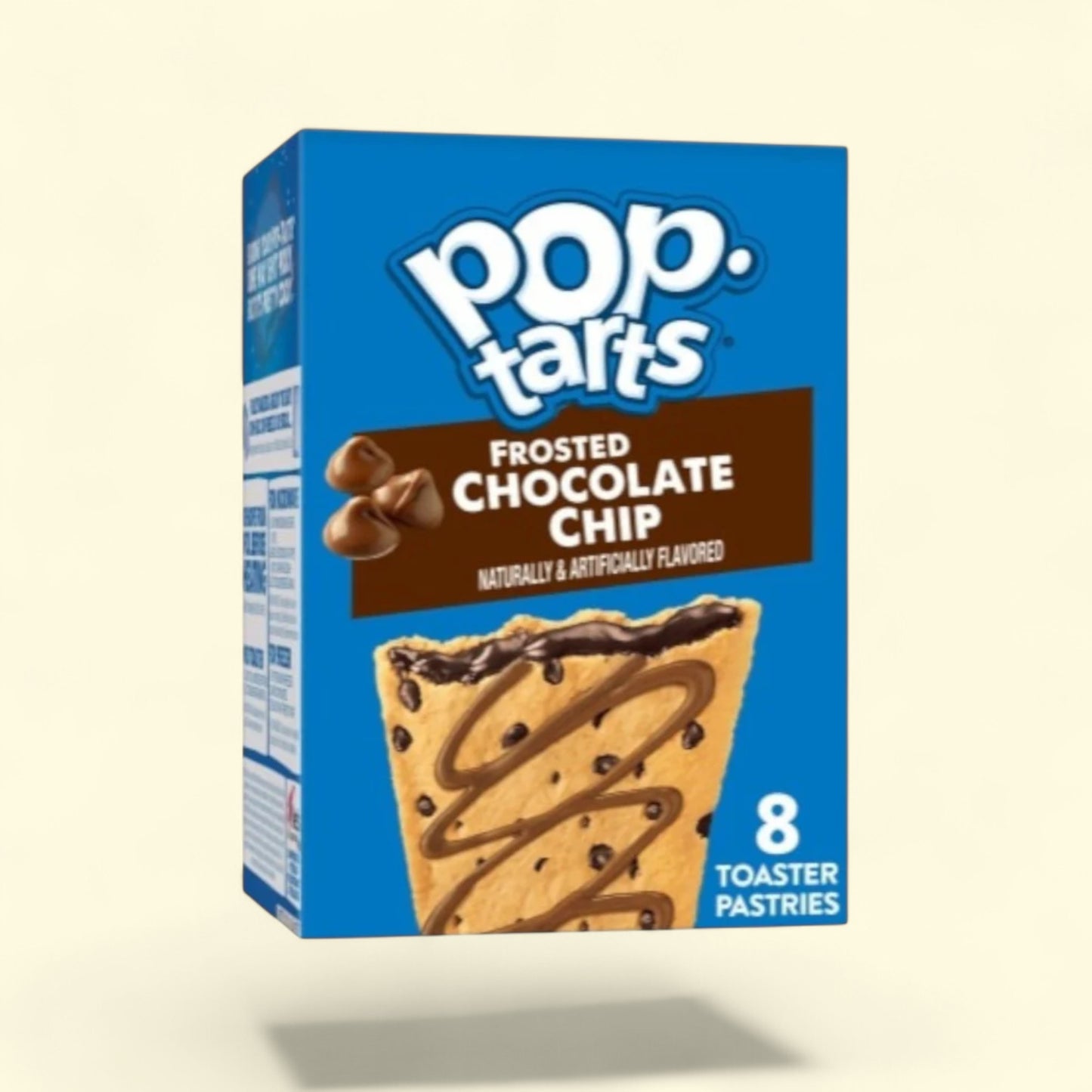 Box of Pop-Tarts Frosted Chocolate Chip toaster pastries on a beige background