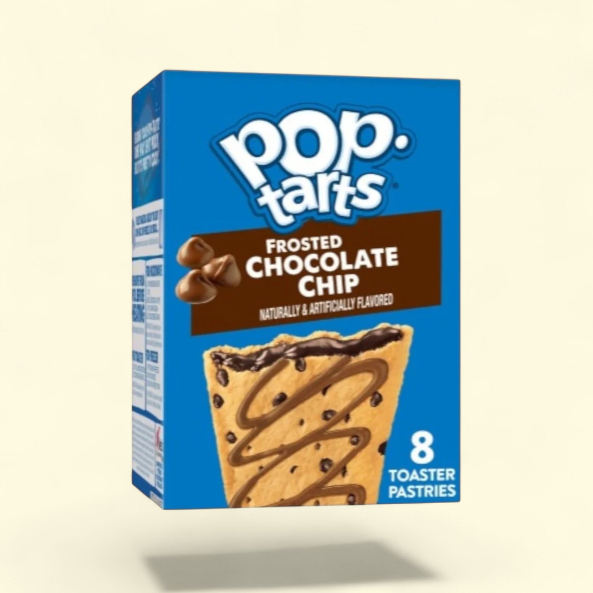 Box of Pop-Tarts Frosted Chocolate Chip toaster pastries on a beige background