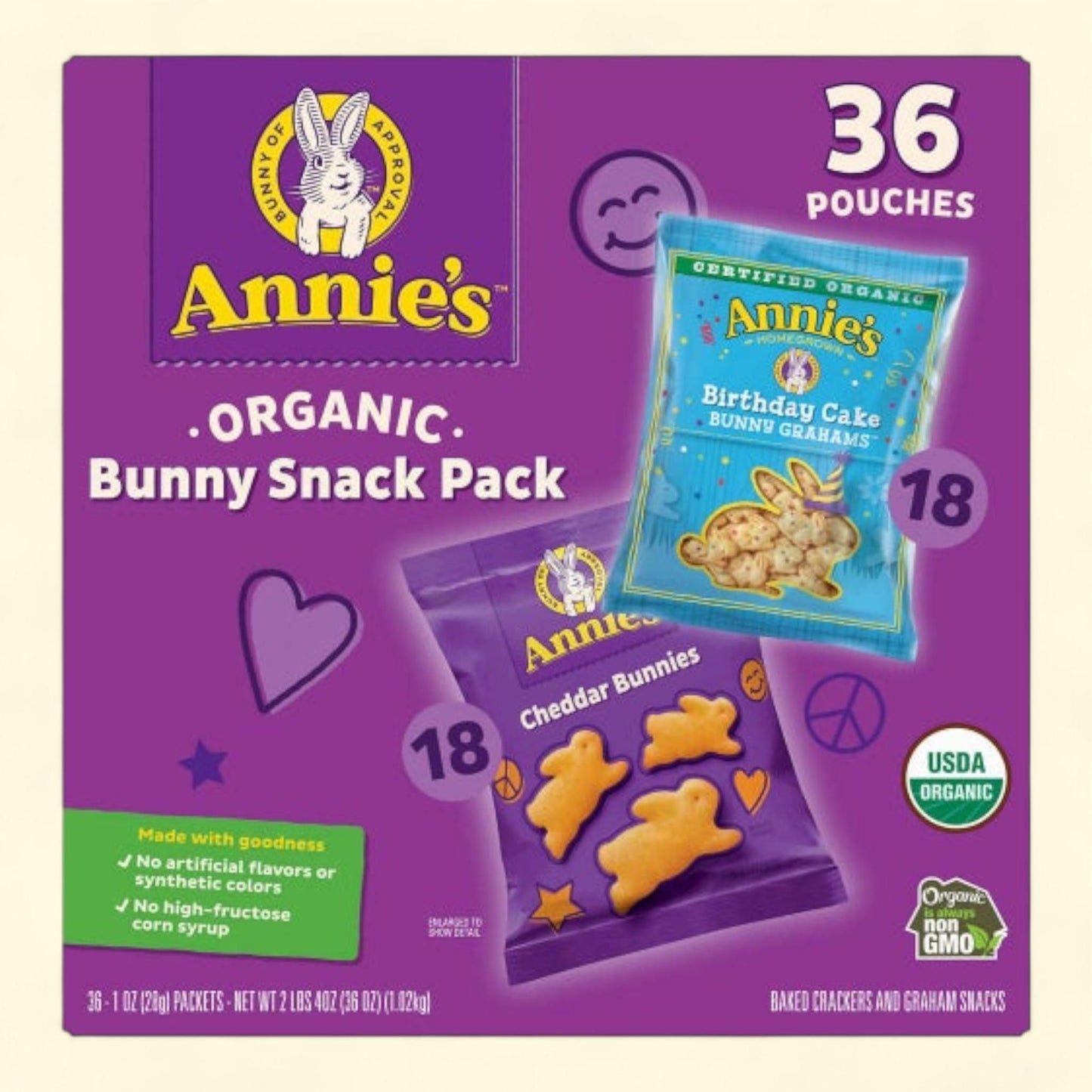 Annie's Bunny Snack Pack, Baked Crackers and Graham Snacks, 1.07 oz, 36-count